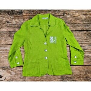 Kim Rogers Womens Linen Blazer Jacket Green Collared Button Up 3/4 Sleeve Sz 10